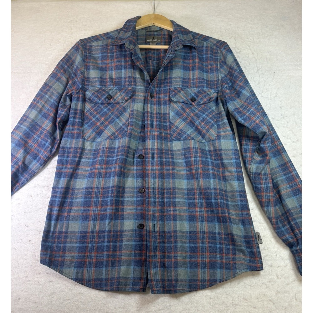 Royal Robbins Flannel Shirt Mens Med Blue/Org Plaid Long Sleeve Outdoor Hiking